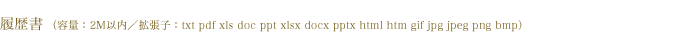 履歴書　拡張子：txt pdf xls doc ppt xlsx docx pptx html htm gif jpg jpeg png bmp　容量：2M以内